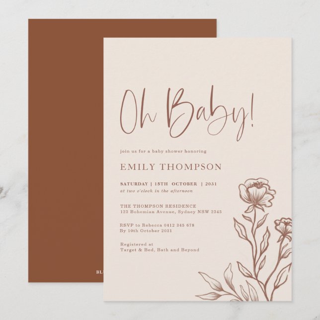 Invitación Minimalista Boho Botanical Terracotta Baby Shower (Anverso / Reverso)