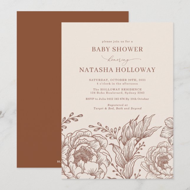Invitación Minimalista Boho Botanical Terracotta Baby Shower (Anverso / Reverso)