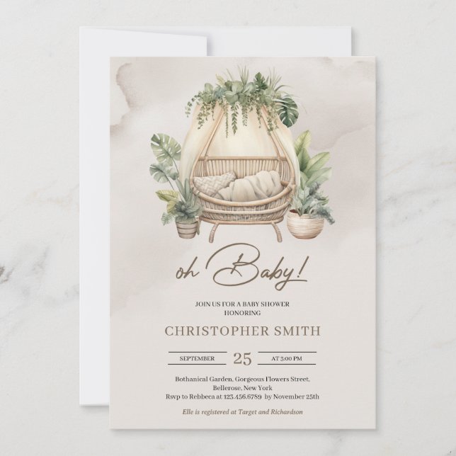Invitación Minimalista Boho vegetación tropical cuna bebé beb (Anverso)