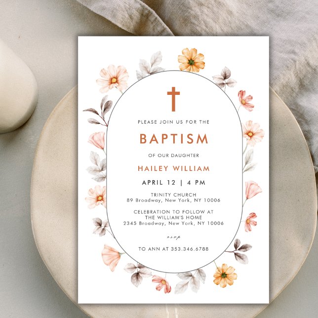 Invitación Minimalista Boho Wildflower Frame Cross Baptism (Minimalist Boho Wildflower Frame Cross Baptism Invitation)