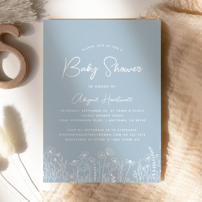 Invitación Minimalista Boho Wildflowers Dusty Blue Baby Showe (Subido por el creador)