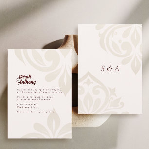Invitación Minimalista Burgundy Crema Elegante Damasco Boda