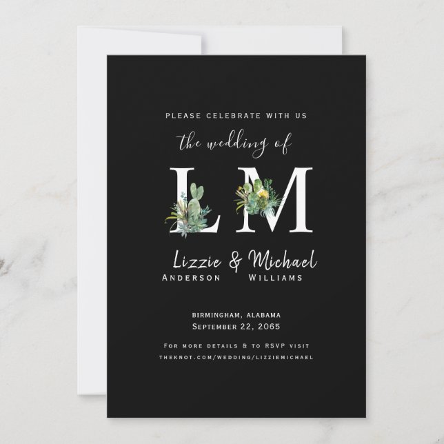 Invitación Minimalista Cactus Simple Monograma Negro Boda En (Anverso)