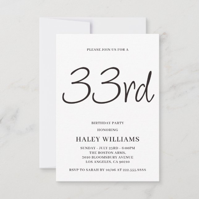 Invitación Minimalista caligrafía simple 33 cumpleaños (Anverso)
