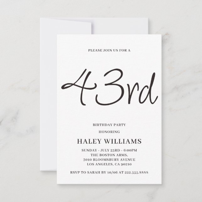 Invitación Minimalista caligrafía simple 43 cumpleaños (Anverso)