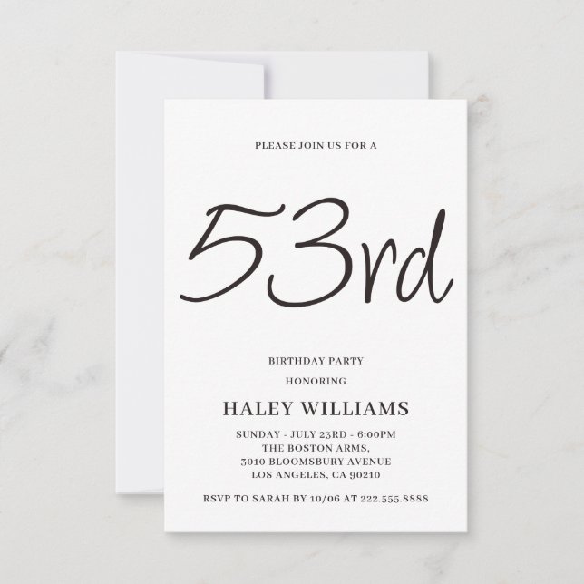 Invitación Minimalista caligrafía simple 53 cumpleaños (Anverso)