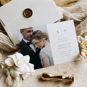 Invitación Minimalista Chic Boda de Fotos Blancas y Azules