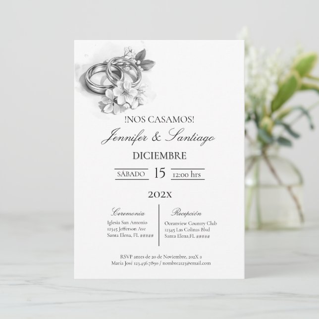 Invitación minimalista con anillo para boda (Anverso de pie)