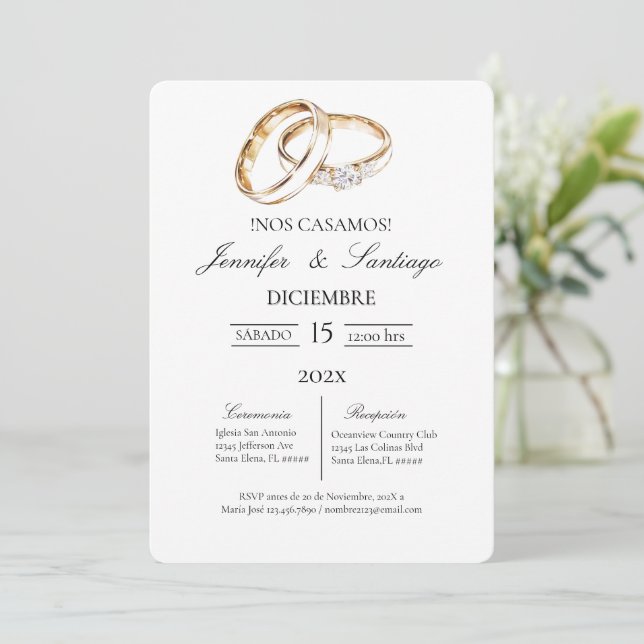 Invitación minimalista con anillo para boda (Anverso de pie)