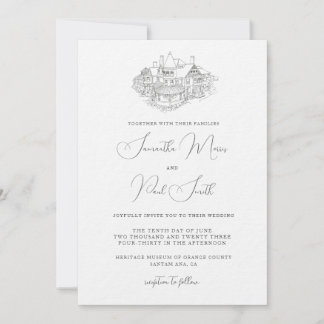 Invitación minimalista con boceto del lugar