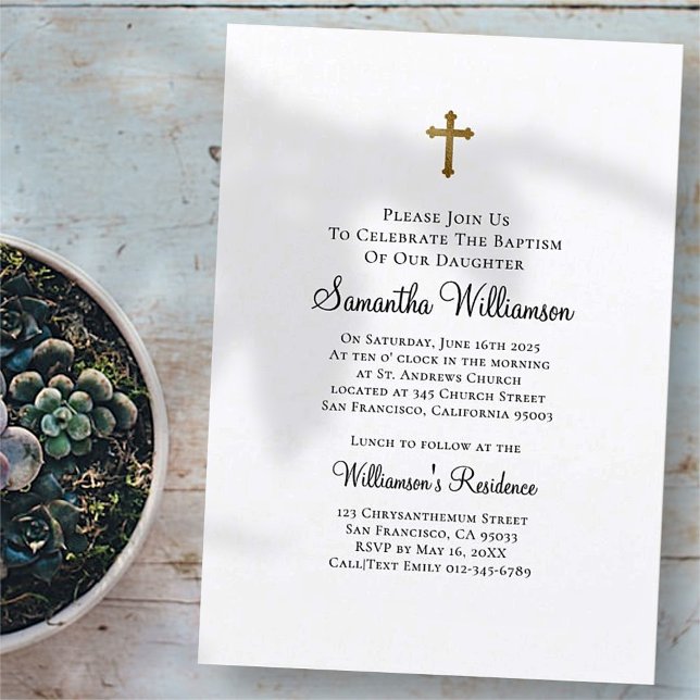 Invitación Minimalista con Faux Gold Cross Baptismal (Subido por el creador)