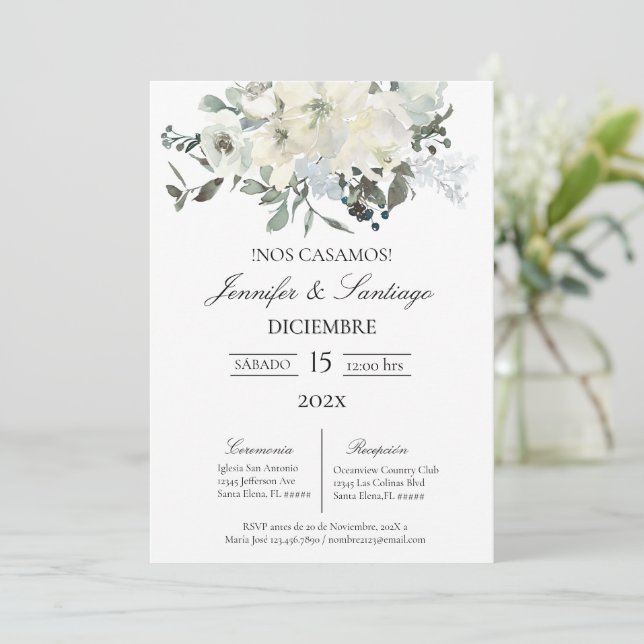 Invitación minimalista con flor blanca para boda (Anverso de pie)