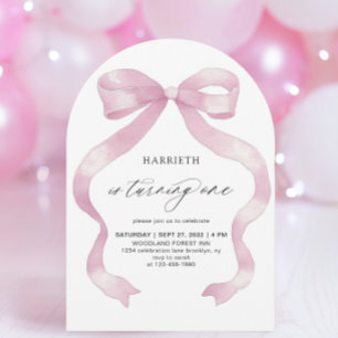 Invitación Minimalista Coquette Rosa Bow 1º cumpleaños