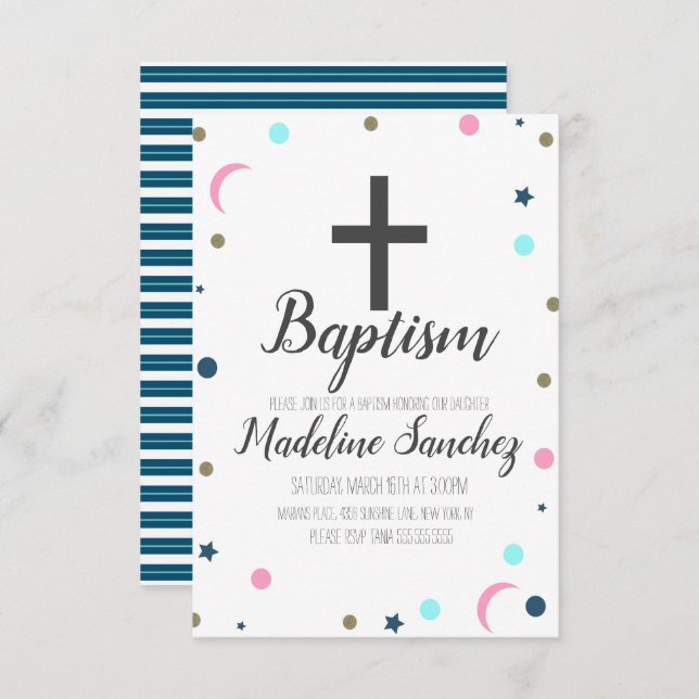 Invitación Minimalista Dainty Moon Stars Baptism Christening (Anverso / Reverso)