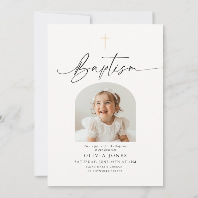 Invitación Minimalista de Bautizo con Foto (Anverso)