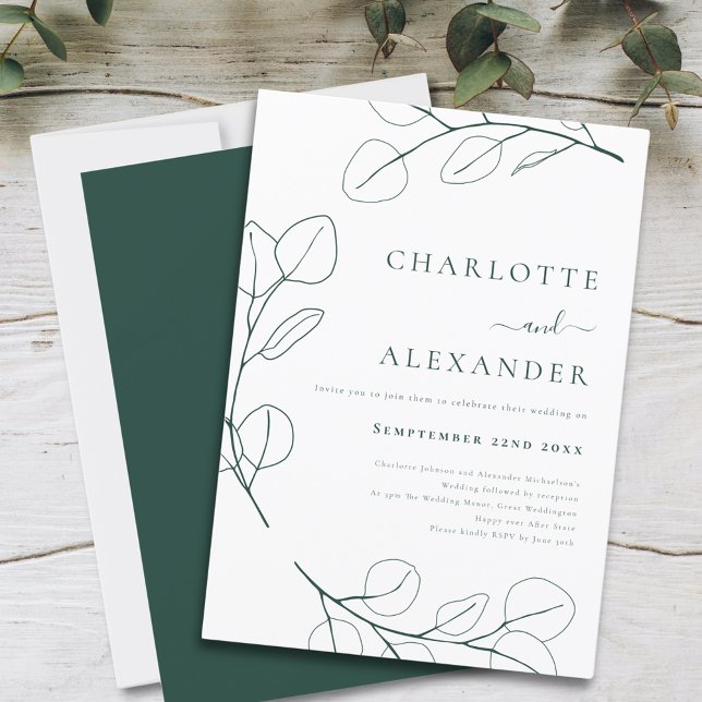 Invitación Minimalista de eucalipto verde moderno (Modern Simple leaf drawing dark green wedding invitation with elegant typography script )
