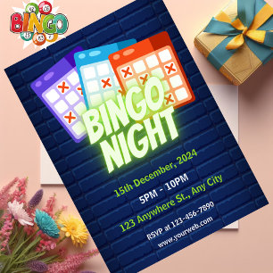 Invitación minimalista de noche de bingo con neón 