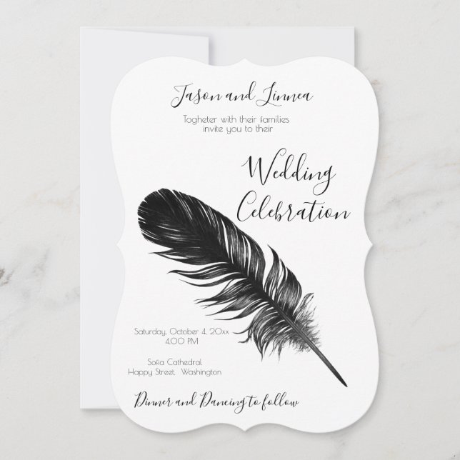 Invitación Minimalista de plumas negras y blancas (Anverso)