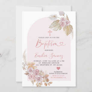Invitación minimalista del bautismo floral rosa bo