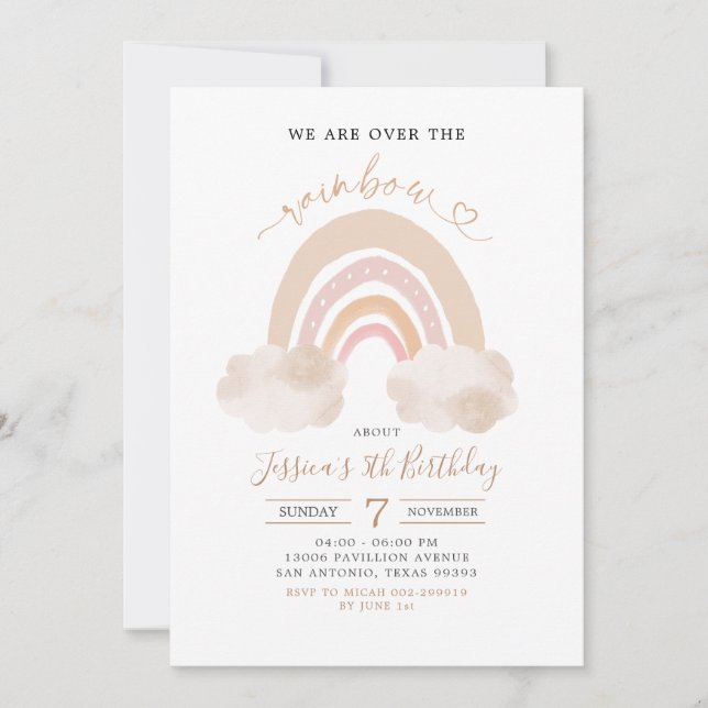 Invitación minimalista del Boho Rainbow Birthday (Anverso)
