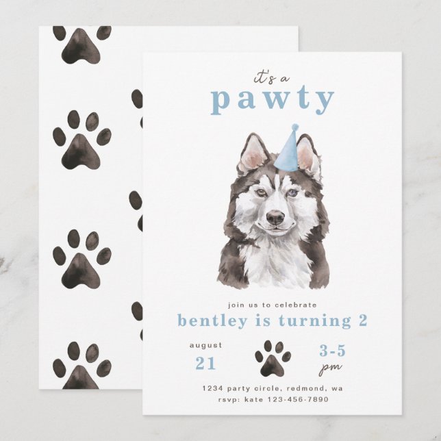 Invitación minimalista del perro Husky | Pawty (Anverso / Reverso)