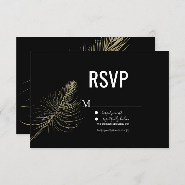 Invitación Minimalista Feather Gold Feather Bohemie RSVP (Anverso / Reverso)