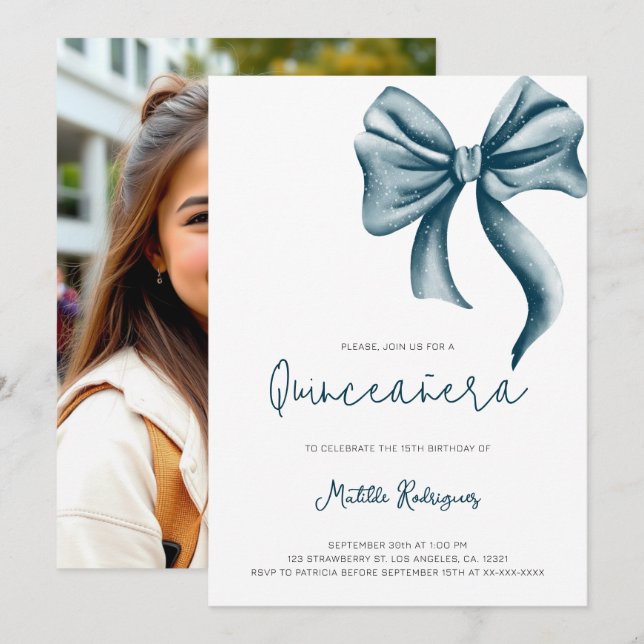 Invitación Minimalista foto de Quinceanera de Blue Bow (Anverso / Reverso)