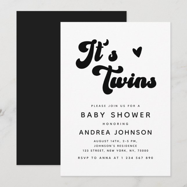 Invitación Minimalista Groovy Retro Twins Heart Baby Shower (Anverso / Reverso)