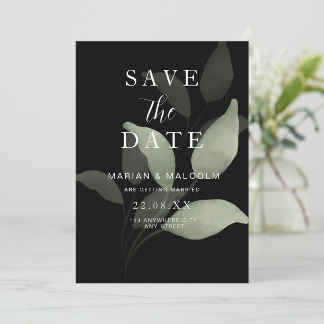 Invitación Minimalista Guardar la fecha verde Eucalyptus (Anverso de pie)