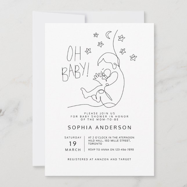 Invitación Minimalista guión moderno Baby Shower negro (Anverso)