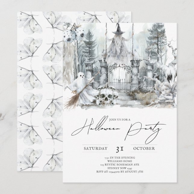 Invitación Minimalista Halloween Haunted Forrest (Anverso / Reverso)