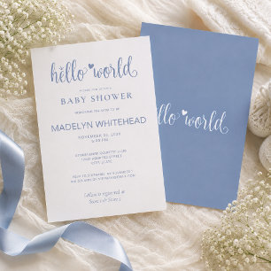 Invitación Minimalista Hello World Baby Shower Azul Polvo