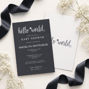 Invitación Minimalista Hello World Baby Shower Suave Negro
