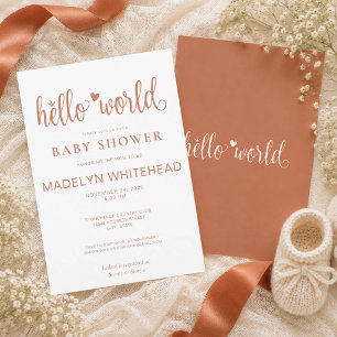 Invitación Minimalista Hello World Baby Shower Terracotta