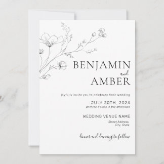 Invitación Minimalista Lineart de Flor Silvestre Dibujando Bo