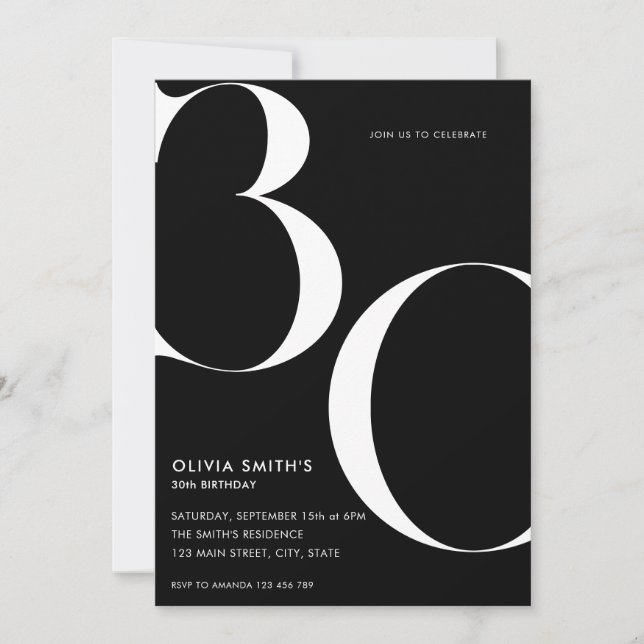 Invitación Minimalista Moda moderna negra 30 cumpleaños (Anverso)