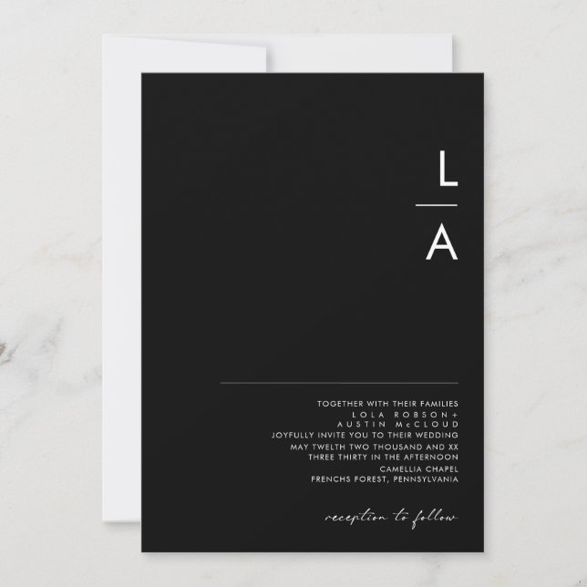 Invitación Minimalista moderno | Boda de monograma negro (Anverso)