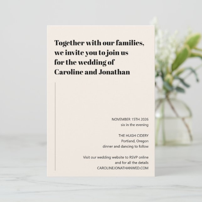 Invitación Minimalista moderno Boda simple marfil negro (Anverso de pie)