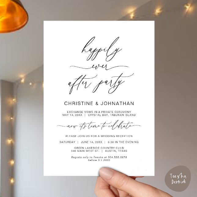 Invitación Minimalista moderno, fuente negra, Huida de boda (Wedding Happily Ever After Party Dinner Brunch Elopement Invitation Card, PDF, Black White)
