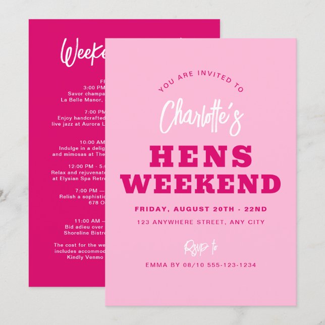 Invitación Minimalista Moderno Hot Pink Hens Weekend Itinerar (Anverso / Reverso)