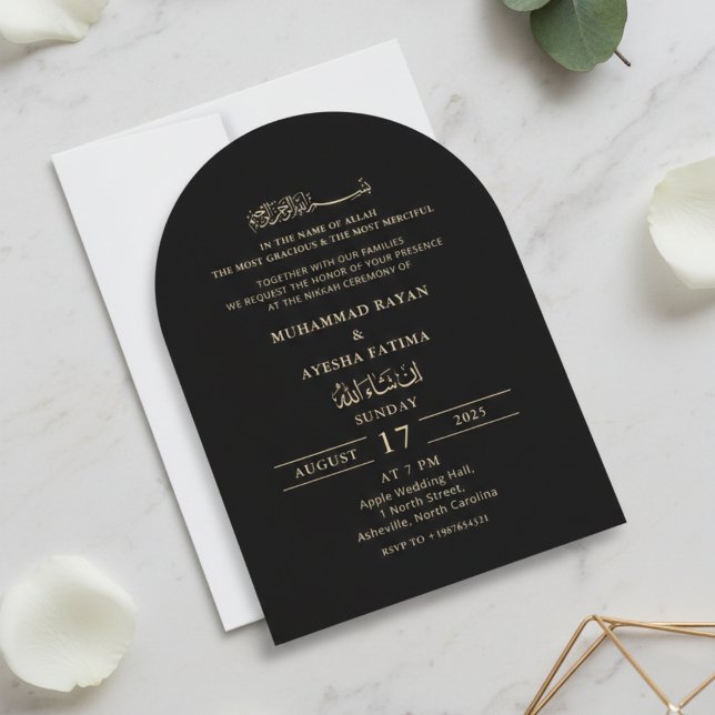 Invitación Minimalista moderno Nikkah Boda árabe islámico (Black and gold minimal modern elegant nikah islamic arch shape wedding invitation)