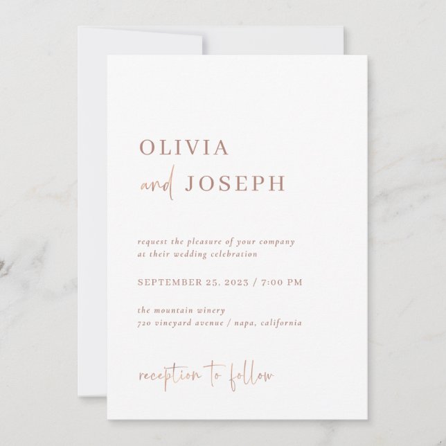 Invitación Minimalista moderno simple | Faux Rosa Gold Boda (Anverso)