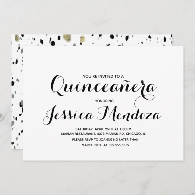 Invitación Minimalista Monocromo Quinceañera Dorada Cumpleaño (Anverso / Reverso)