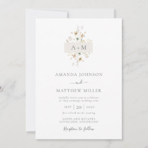 Invitación Minimalista Monograma Floral Acuarela Mauve Boda I