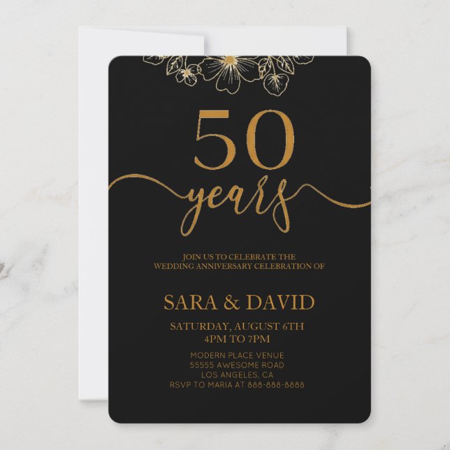 Invitación Minimalista negro 50° aniversario de boda (Anverso)