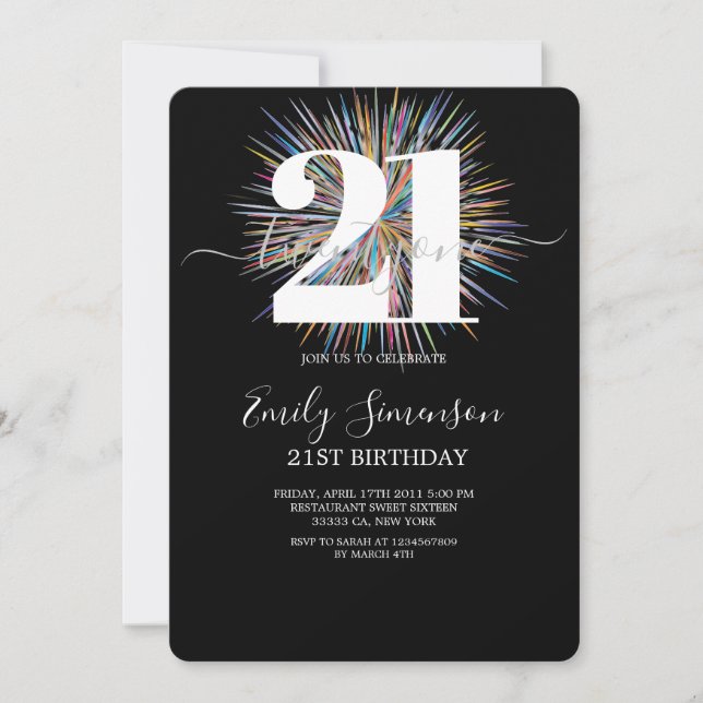 Invitación Minimalista negro moderno 21º cumpleaños (Anverso)