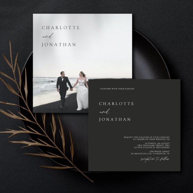 Invitación Minimalista negro moderno Boda de foto cuadrada (Subido por el creador)