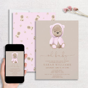 Invitación Minimalista Oh Baby Pink Bear Baby Shower