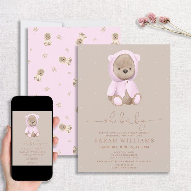 Invitación Minimalista Oh Baby Pink Bear Baby Shower (Subido por el creador)