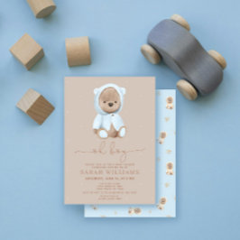 Invitación Minimalista Oh Boy Dusty Blue Bear Baby Shower